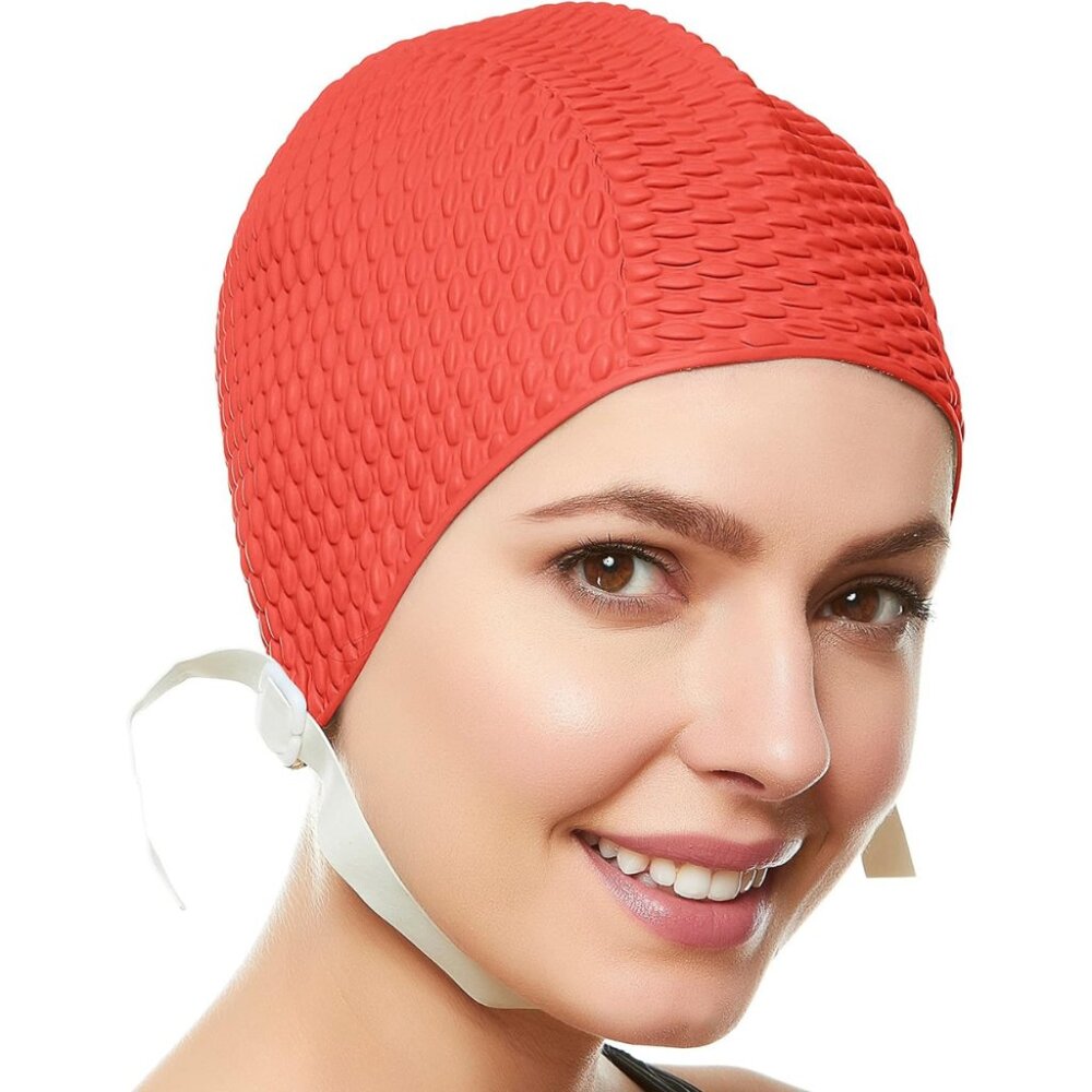 Beemo Swim Cap Women Chin Strap Bubble Crepe Latex Long Short Hair - Hot Pink